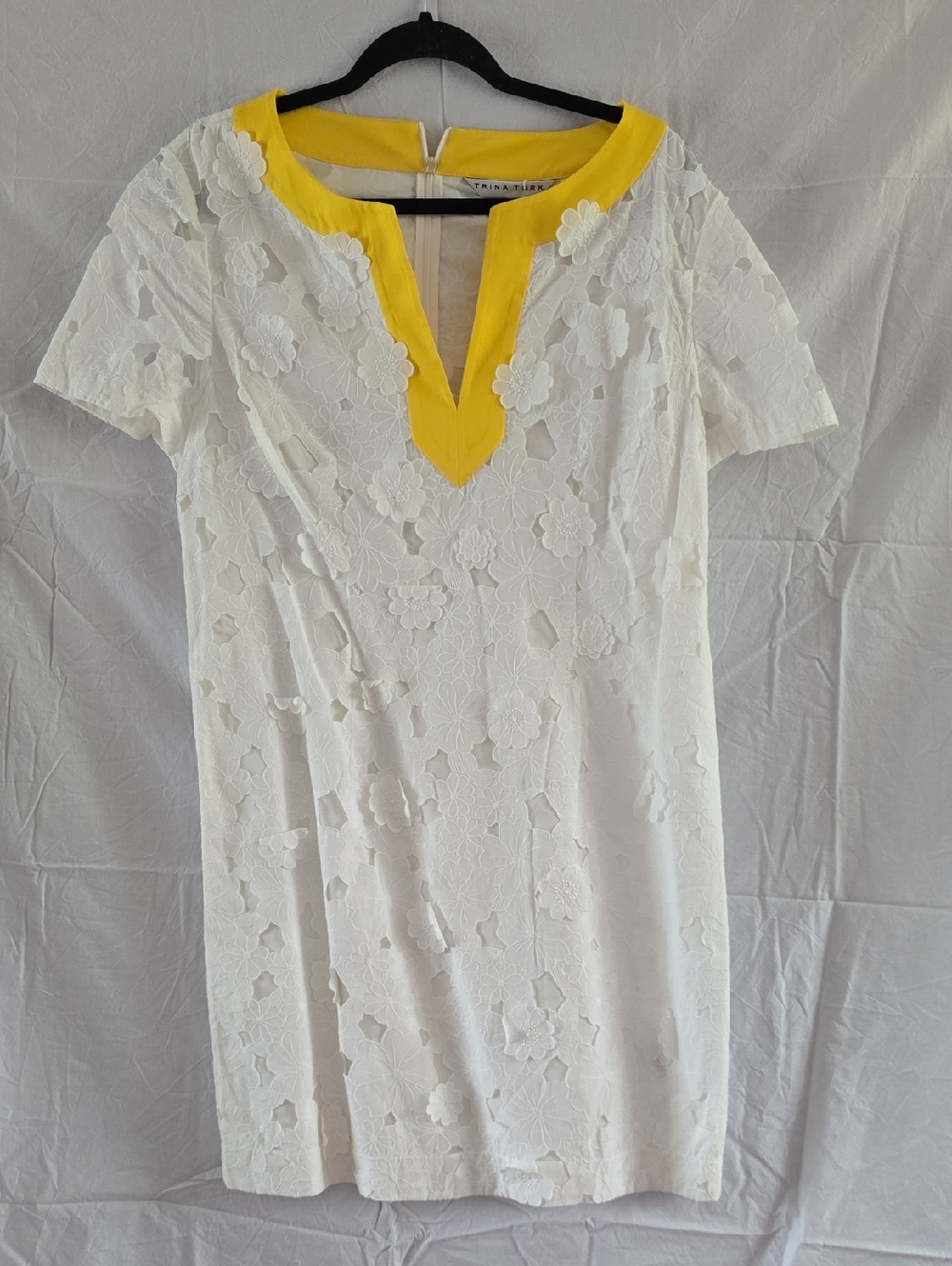 Trina Turk White Floral Lace Dress with Yellow V-Neck Trim